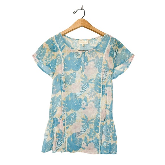 Modcloth Womens Colorful Tropical Floral Print Semi Sheer Short Sleeve Blouse XS - Picture 1 of 6